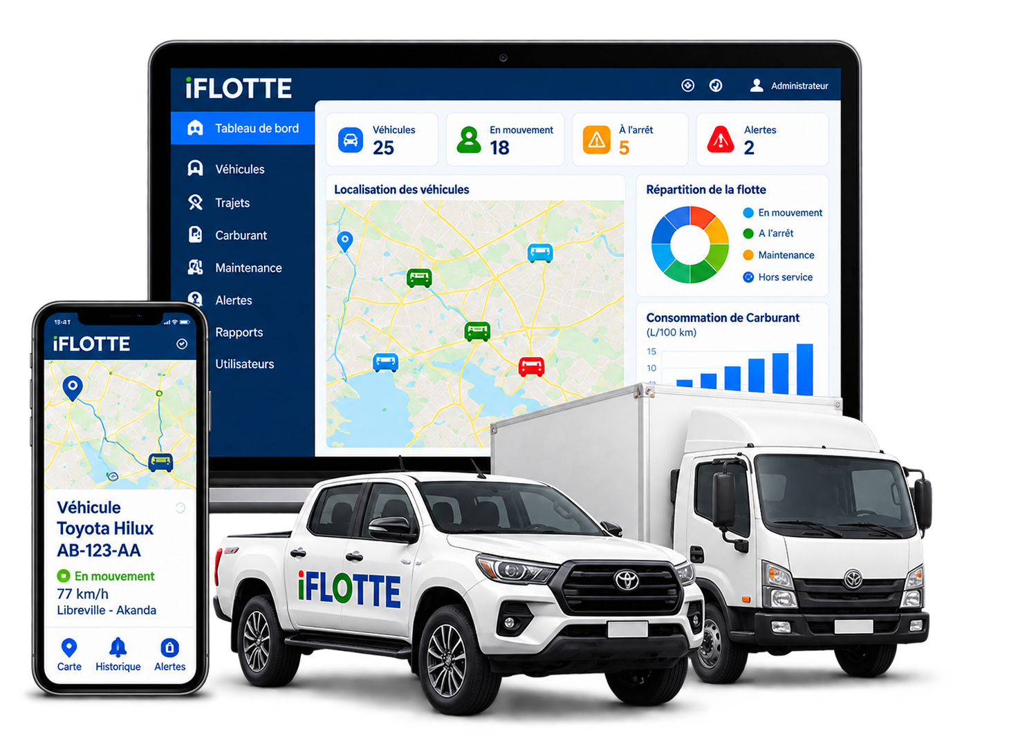 Tableau de bord iFlotte sur ordinateur, mobile, avec véhicules de la flotte